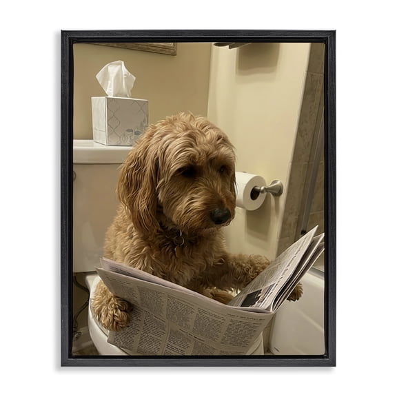 Stupell Industries Eclectic Dog & Paper on Toilet Black Floating Frame Canvas Art, 17 x 21, by Abigail Walker