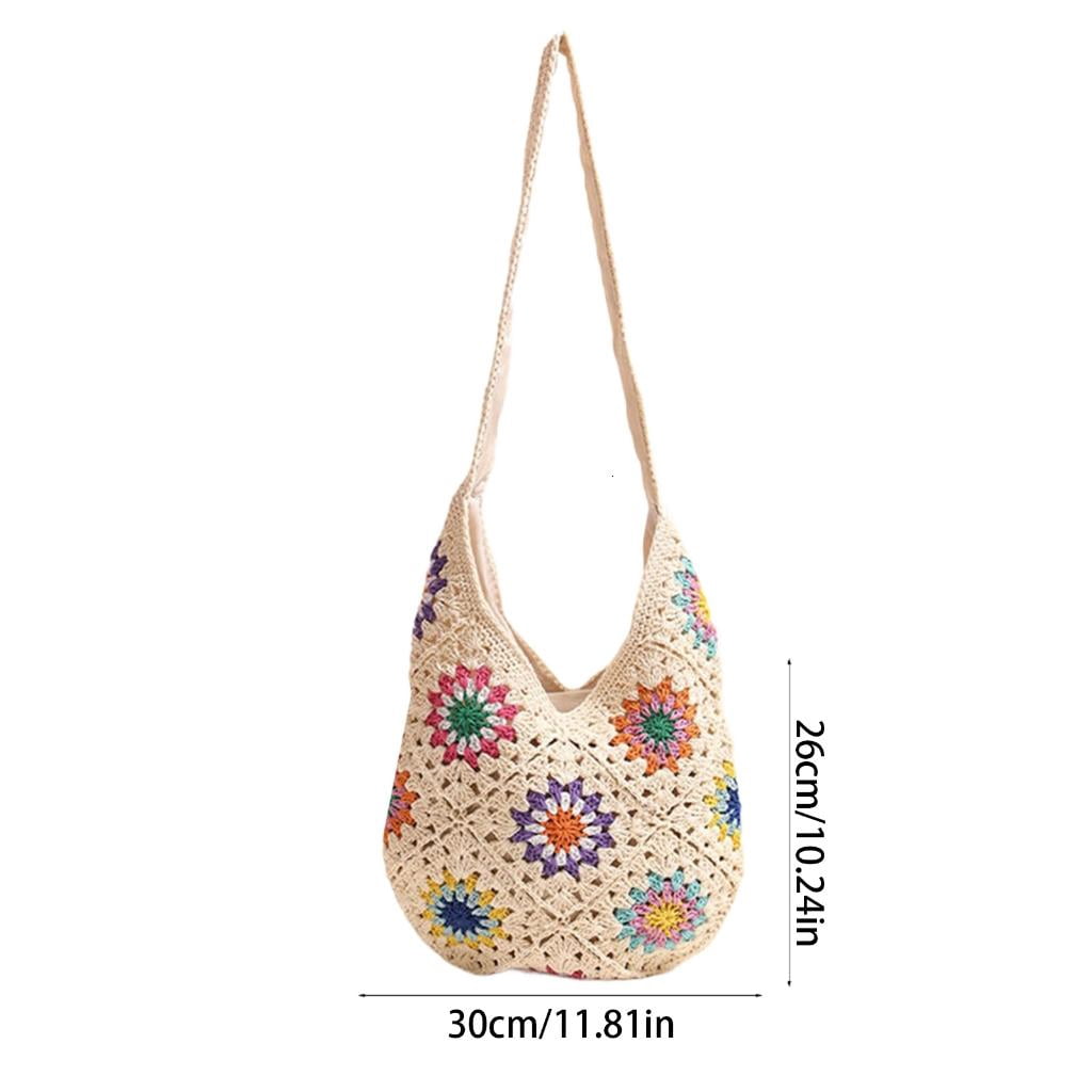 Giaone Women Handbag Knitted Shoulder Bag Crochet Beach Bag Flowers Crossbody Bag