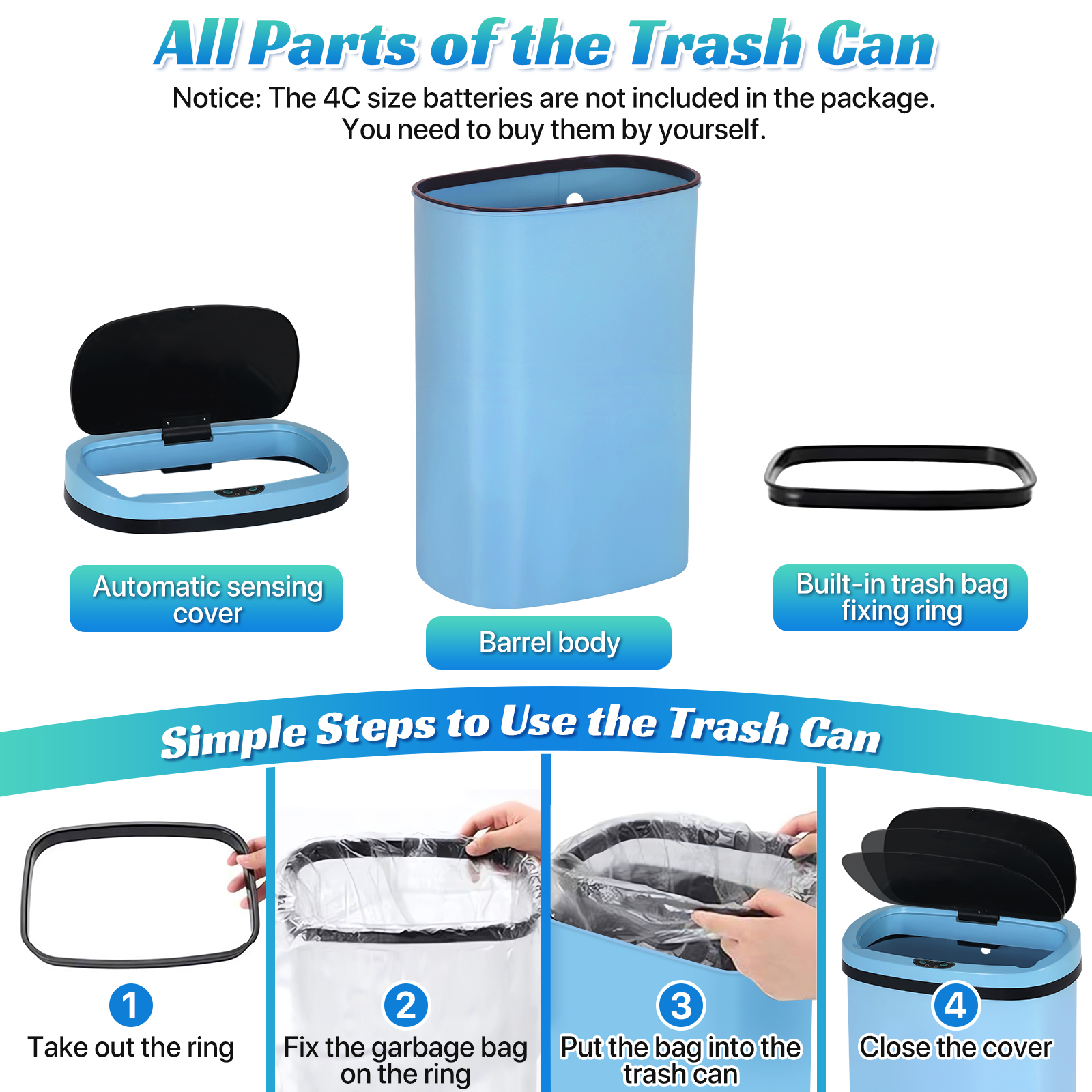 13 Gallon Plastic Garbage Can Kitchen Trash Can Automatic Touch Free Trash can with Lid 50 Liter Waste Bin Mute Anti-Fingerprint for Bedroom Home Office Living Room, Blue