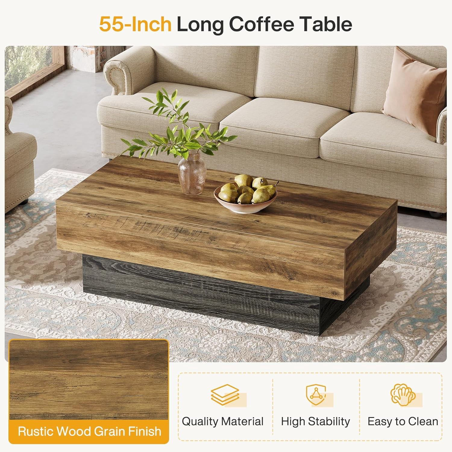 Tribesigns 55-Inch Farmhouse Wood Coffee Table, Large Rectangle Rustic Brown & Grey Tea Table for Living Room