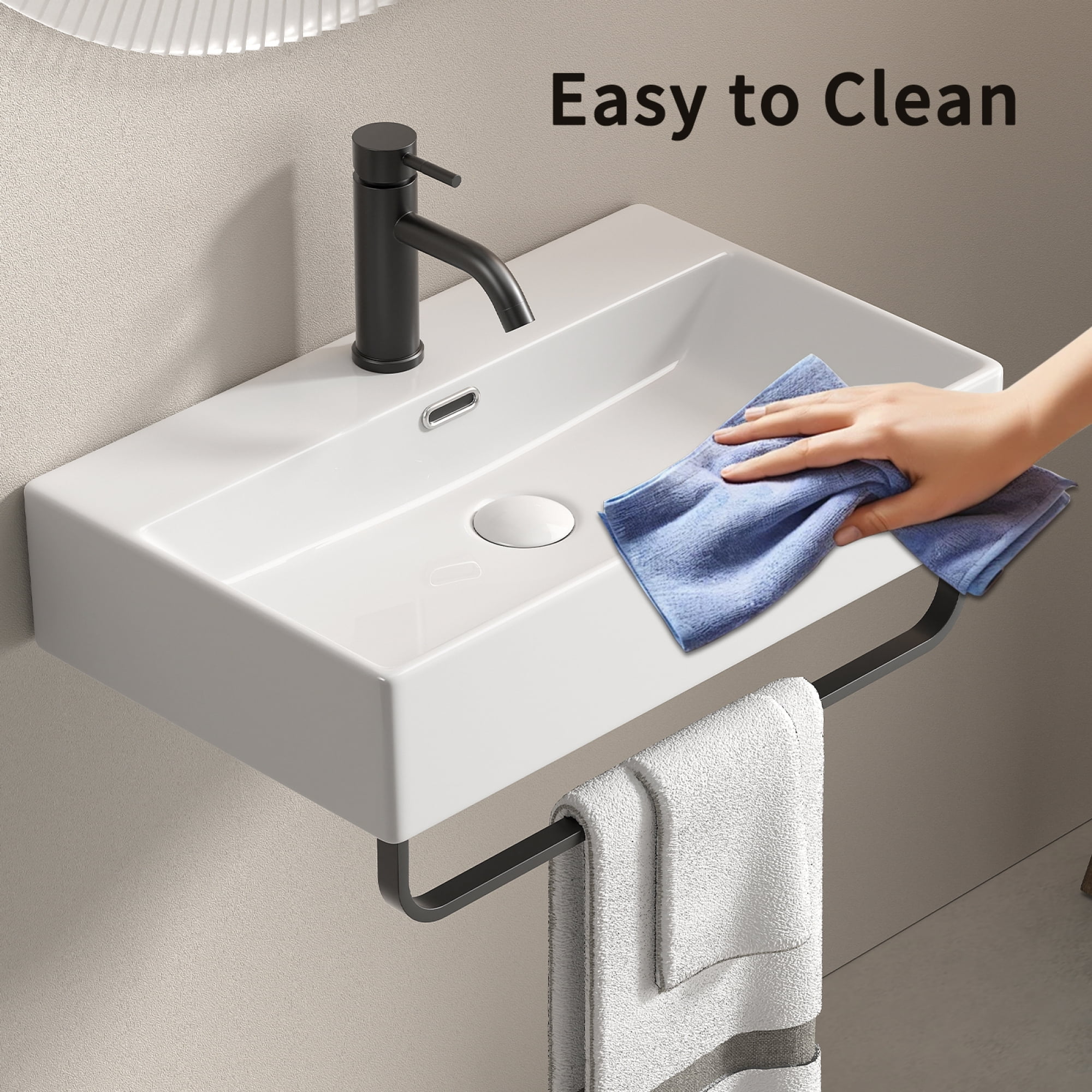 Leumius 23.63" x 14.18" White Ceramic Bathroom Sink with Towel Rack,Bathroom Vessel Sink Wall Mount Basin Vanity Sink