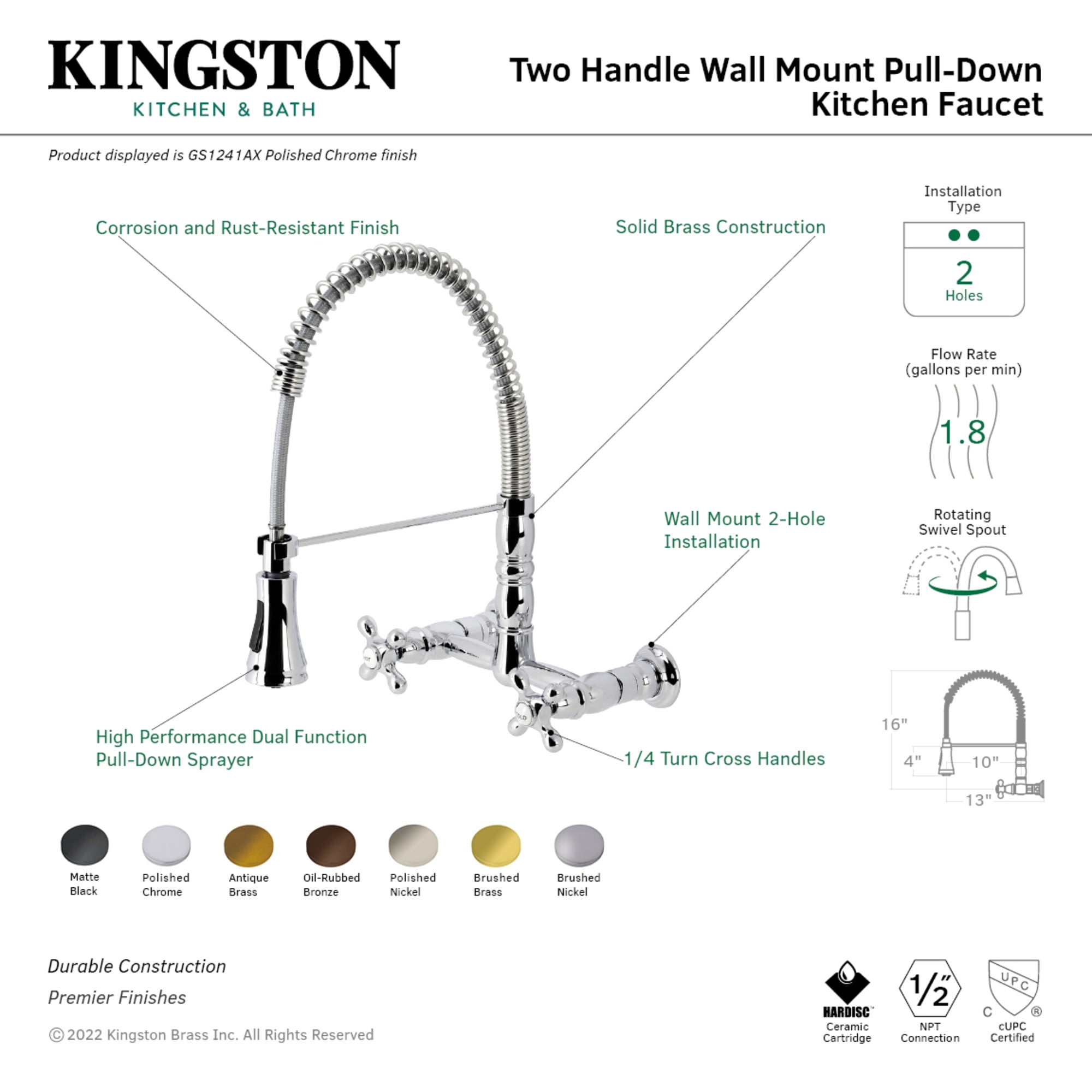 Gourmetier GS1241AX Heritage Double-Handle Wall-Mount Pre-Rinse Bridge Kitchen Faucet, Polished Chrome
