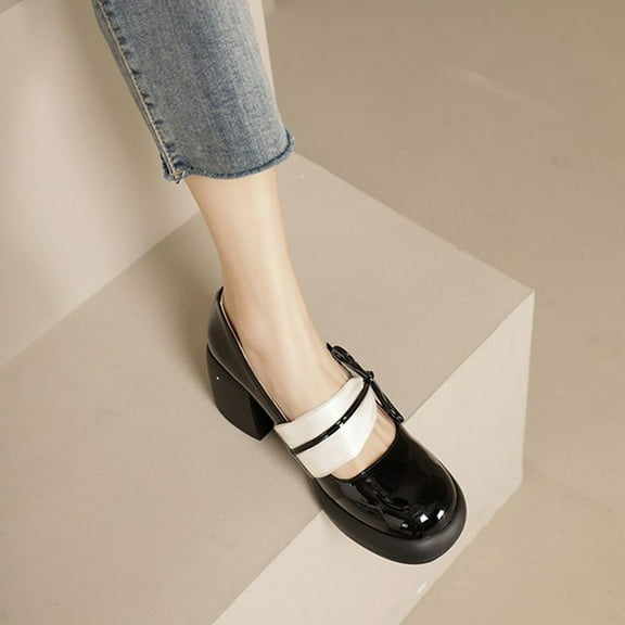 Weloille Chunky Heel Patent Leather Casual Single Shoes Fashionable And Elegant Women's Lace Flowers Bow High Heels Round Toe Patent Leather High Heels