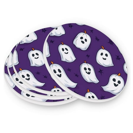 

Round Coasters Modern Style Ceramic Coaster Waterproof and Durable Drink Coaster Coasters set of 4 Customizable Coasters 4pcs Halloween Cute Ghost Pattern