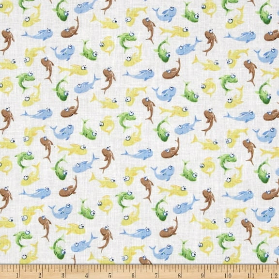 Susybee Paul & Sheldon Gone Fishing Mini Fish White 100% Cotton Fabric sold by the yard