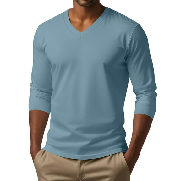 Men's V Neck Long Sleeve Casual T-Shirt Classic Basic Solid Tee Shirts Blue XL