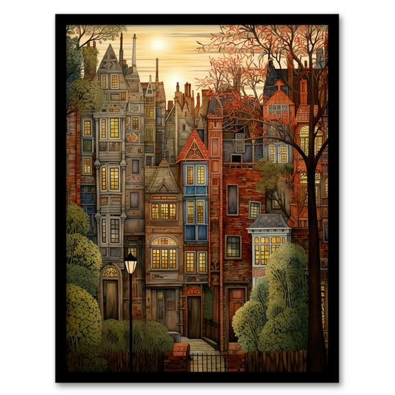 Sunset Geometric Soft Cityscape In Autumn Architecture Art Print Framed Poster Wall Decor 12x16 inch