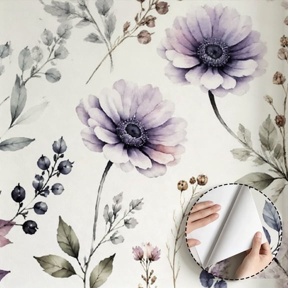 Watercolor Purple Floral Wallpaper, Boho Floral Vintage peel and stick wallpaper, waterproof, Wall Decoration for Bedroom, Living Room, Bathroom, Kitchen Cabinet, Dorm Room [17.7 * 118 in]
