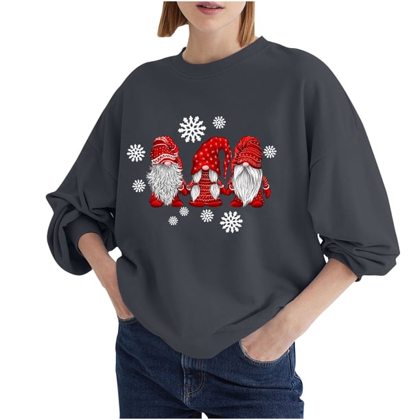 Blusa holgada de manga larga con cuello redondo y estampado navideño para mujer Fridja bvmnju2419