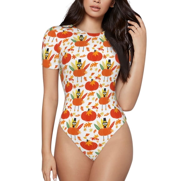 Bingfone Happy Thanksgiving Day1 Pattern Women's Round Neck Bodysuit, Tight Snap Button Short Sleeve Bodysuit, Suitable for Party, Sports, Daily Wear-Large