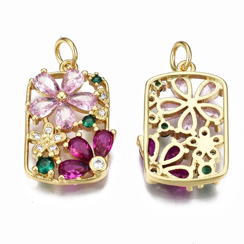 10 pc Brass Micro Pave Cubic Zirconia Pendants with Jump Rings Nickel Free Real 16K Gold Plated Flower Pink 21.5x14x3mm Jump Ring: 5x0.8mm