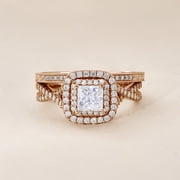 JeenMata 1.25 Carat Square Moissanite Engagement Ring for Women, Double Halo Bridal Wedding Ring Set with Twisted Band in 18K Rose Gold Plated