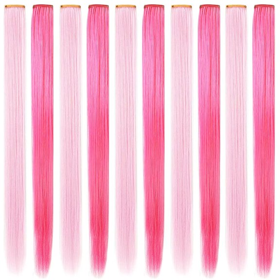 FGERFE-10PCS 20''Light Pink and Hot Pink Hair Extensions for Girls Wig Pieces Clip in Coloured Hair Extensions for Women Colorful Hairpieces Party Highlights Synthetic Multiple Colors