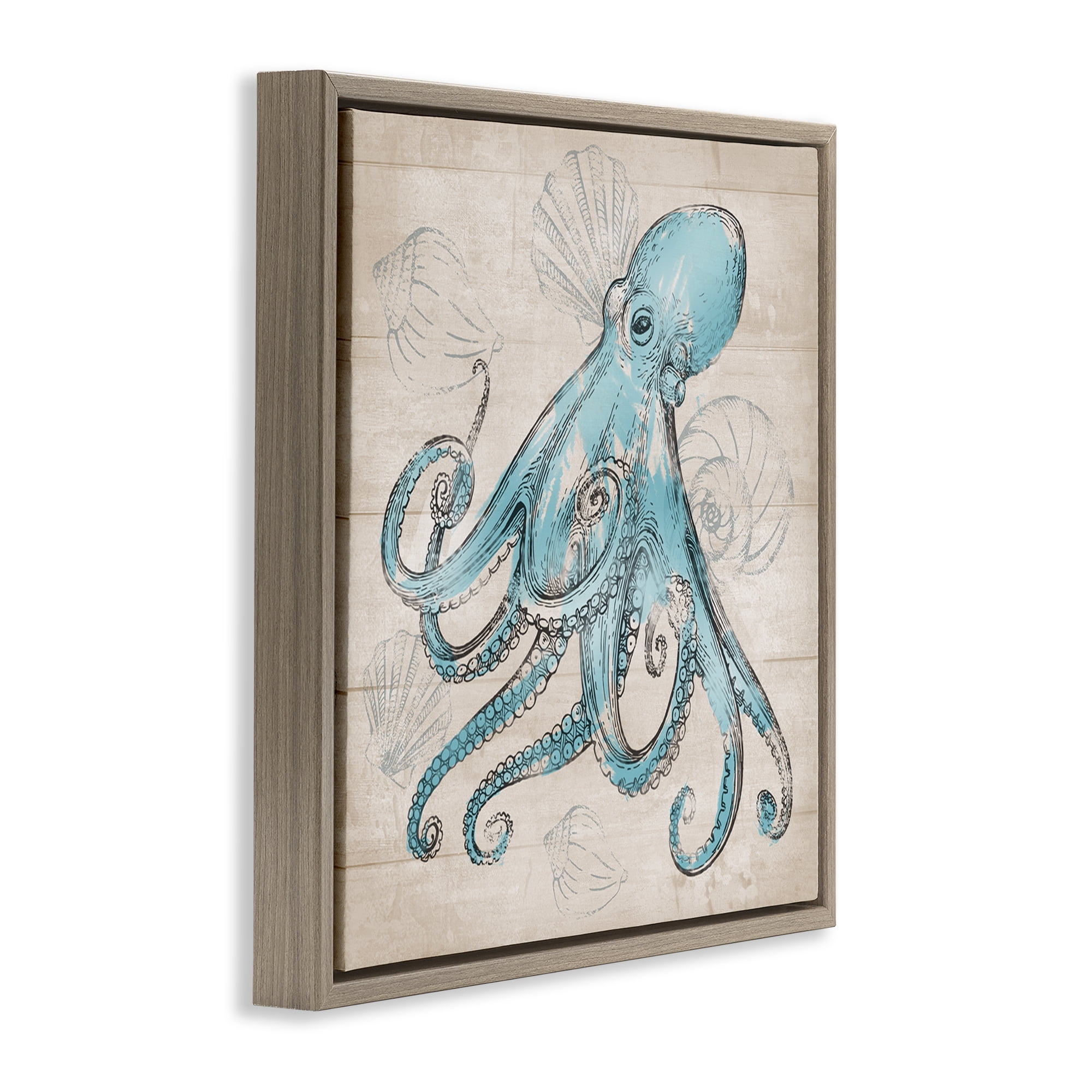 Stupell Industries Vintage Drawn Octopus Animals Painting Brown Floater Framed Canvas Art Print Wall Art, 18 x 18