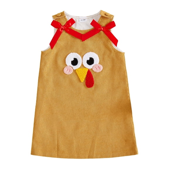 RUINIXCW Toddler Baby Girl Thanksgiving Dress Outfit Kids Baby Girl Fall Winter Tank Dress Turkey Embroidery Crew Neck Sleeveless Dress with Bow