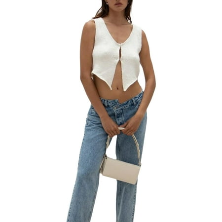 

Women Dressy Denim Vest Cropped V Neck Sleeveless Waistcoat Vintage Fairy Grunge Bustier Tops Streetwear