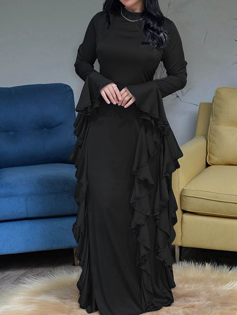 Women'S Bodycon Dresses Elegant Bell Sleeve Ruffle Hem Cocktail Party Long Dress Black XL