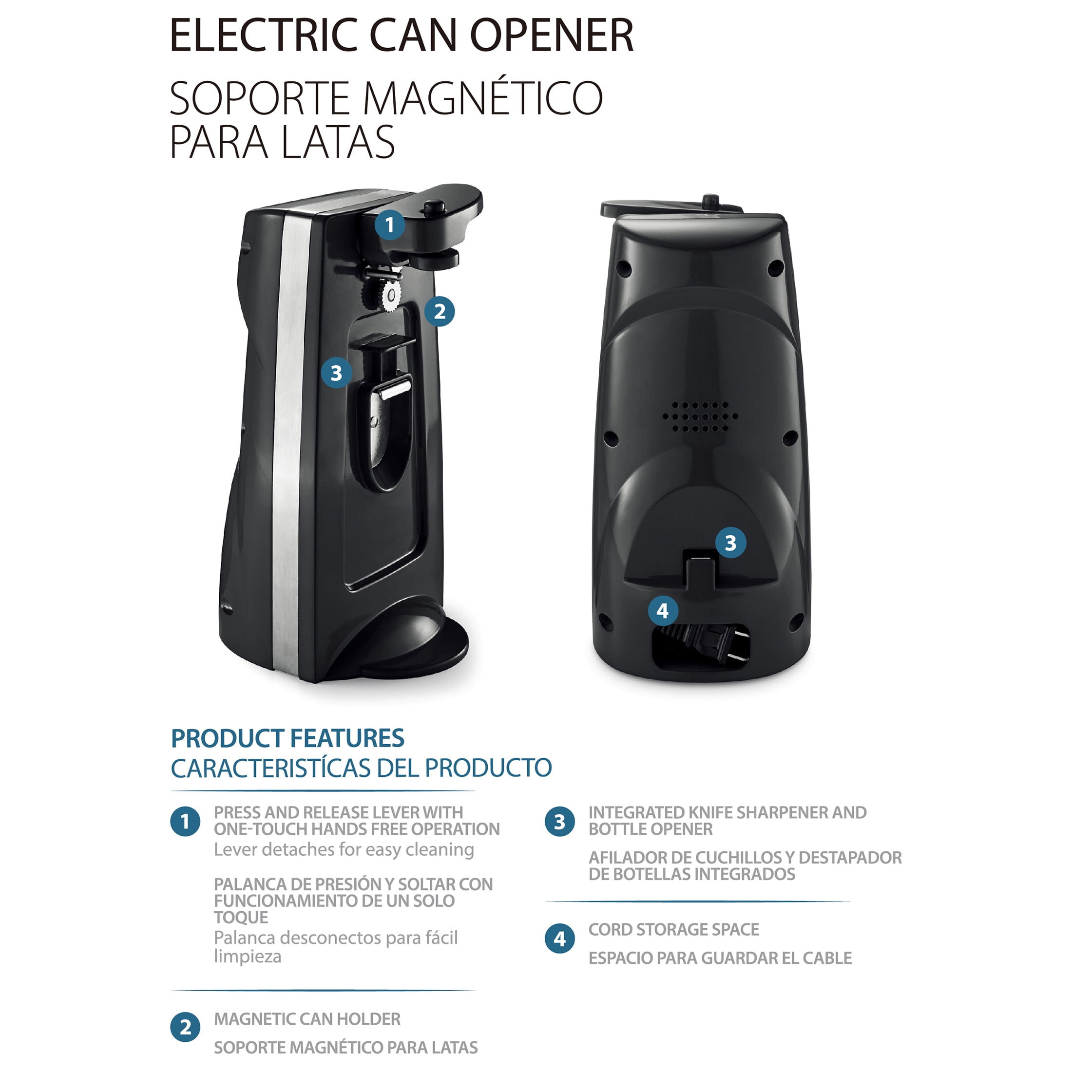 Mainstays Can Opener and Knife Sharpener, Bottle Opener with Removable Cutting Lever Black