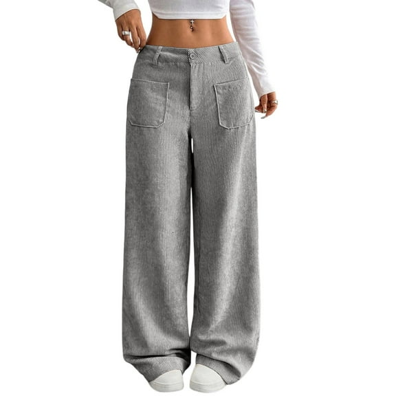 Corduroy Pants Women Baggy Tall Cord Wide Leg Trousers Elastic Waist Comfy Work Pants Soft Cozy Teacher Pant Gray M