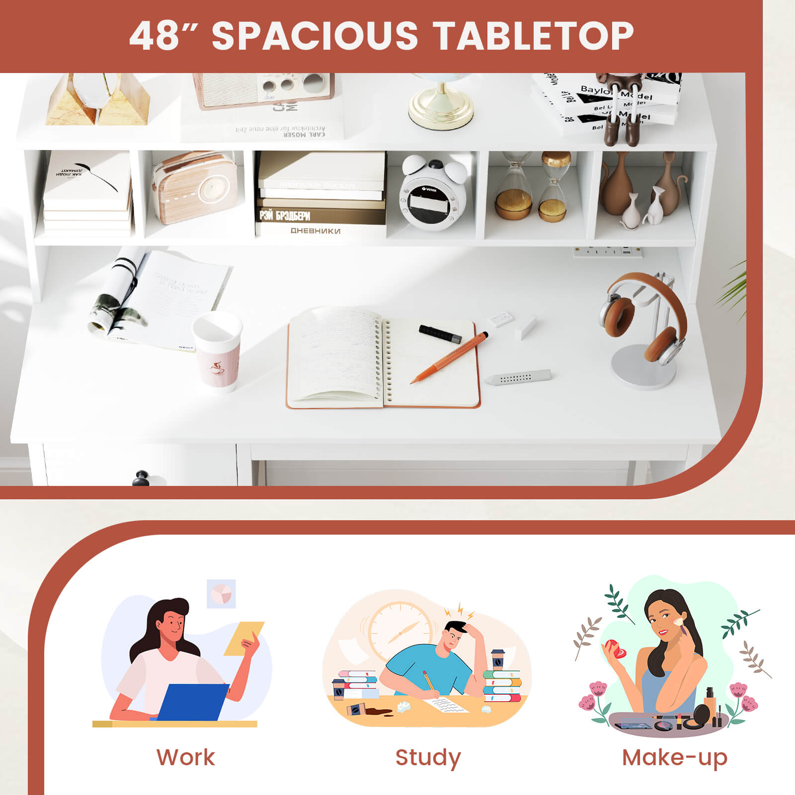 Costway Computer Desk 48" Writing Table w/ Power Outlets 5-Cubby Hutch 2 Storage Drawers White