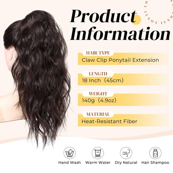 WEIF-Ponytail Extension, 18" Wavy Claw Clip Ponytail Extensions ZJ001 Curly Wavy Claw Clip in Ponytail Hair Extensions Synthetic Fake Pony tails Hairpieces-Dark Reddish Brown
