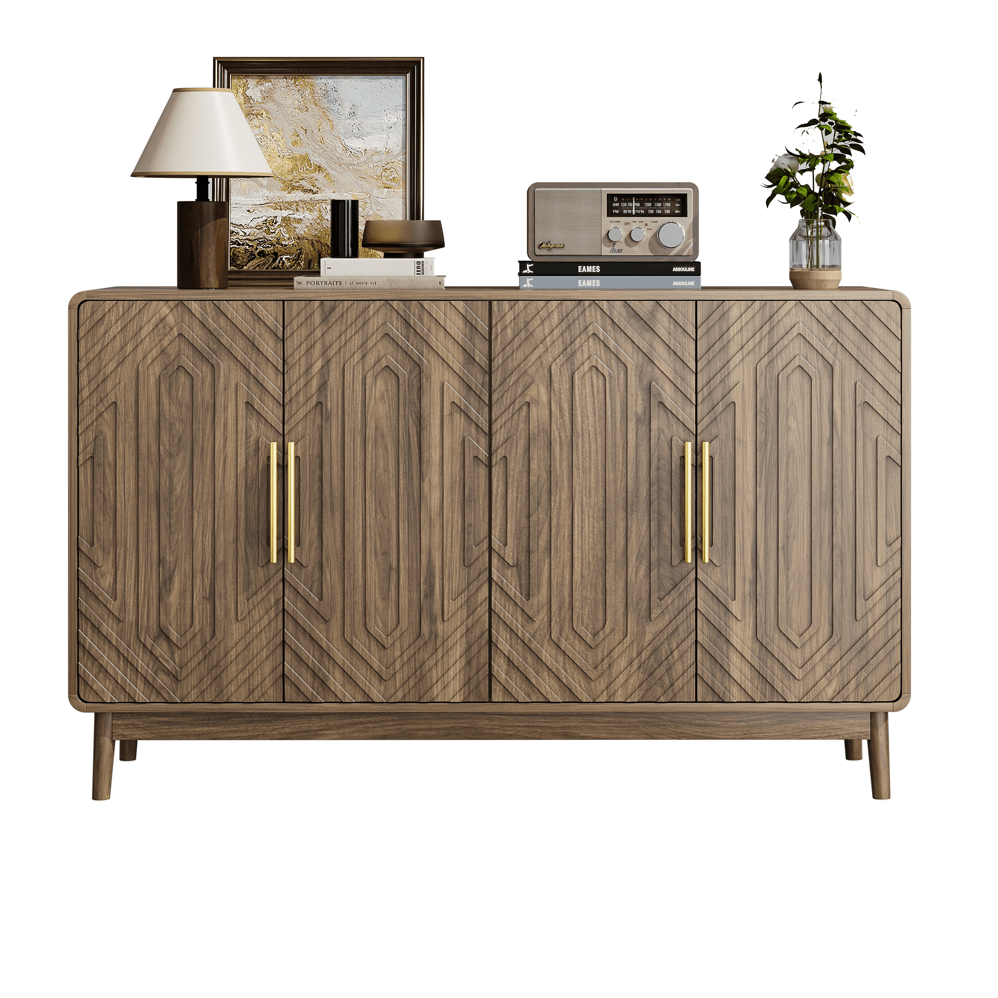 Sideboard Buffet Cabinet With Storage, Carved 4 Door Sideboard,Multifunctional Accent Cabinet With Adjustable Layer Board For Living Room, Entryway, Hallway, Office, Kitchen and Dining Room