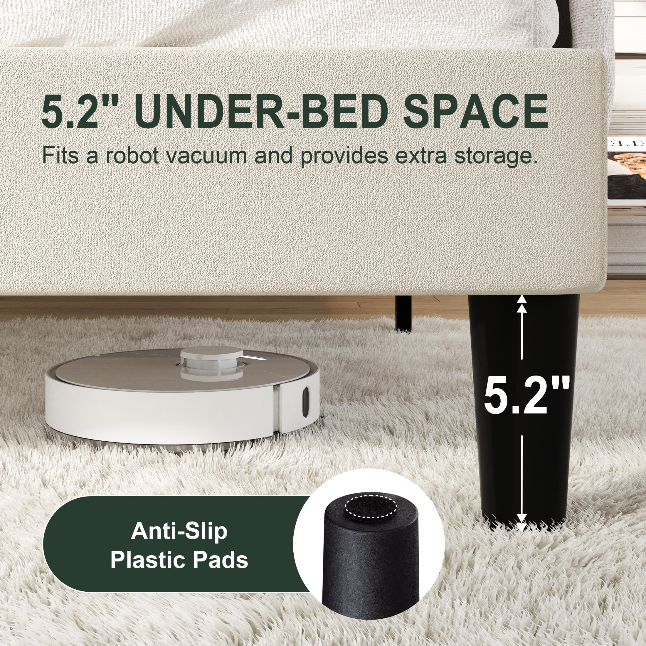 Amolife King Bed Frame, Platform Bed with Upholstered Velvet Adjustable Headboard, Wooden Slats, Easy Assembly, Cream