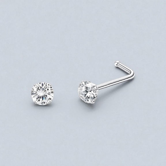 Stainless Steel L Shaped Nose Stud Unisex Simple Design 0.8mm Shaft 7mm Length 3mm Gem Silver Body Jewelry