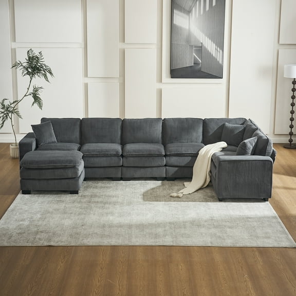 Modern 6 With And Soft Corduroy Pillows - Living Room Relaxation U Shaped Sectional Couch, 7 Seats Cover, 3 Pillows, Sponge, Wood Frame Furniture