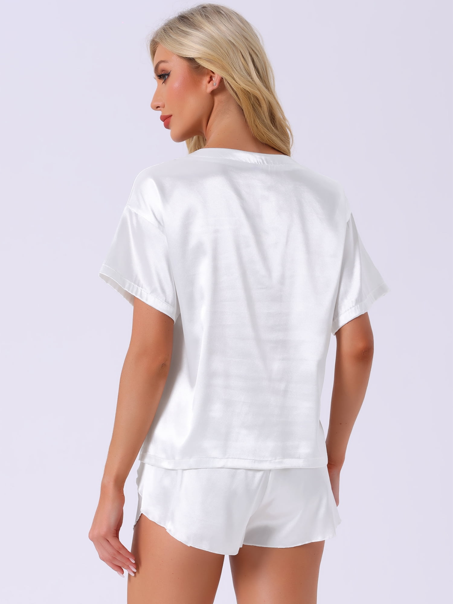 DARING DIVA Women's Satin Pajama Pullover T-shirt with Shorts Lounge Sets S White