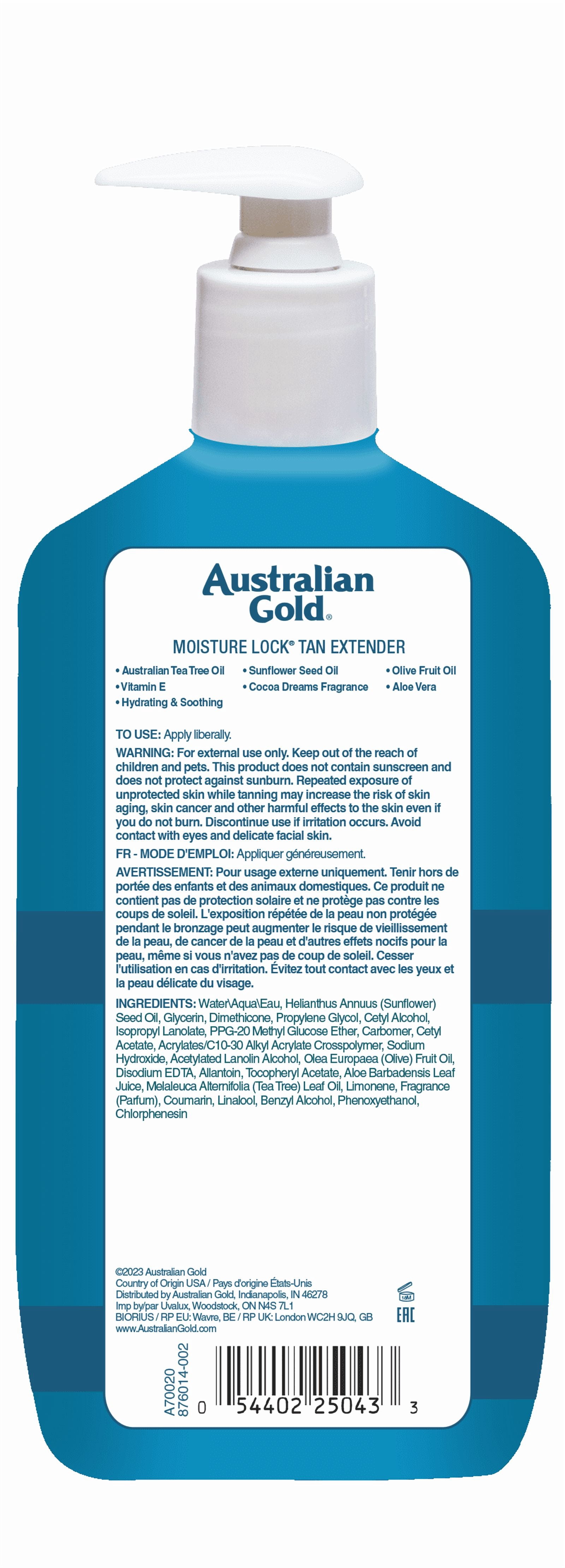 Australian Gold Moisture Lock Hydrating Tan Extender with Tea Tree Oil and Aloe Vera, Cocoa Dreams Scent, 16 Ounce
