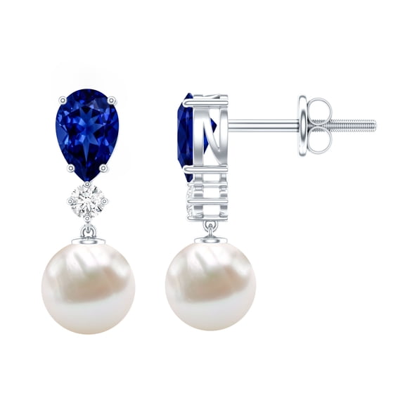 Rosec Jewels Freshwater Pearl Bridal Drop Earrings - AAA Quality - Pearl Sapphire Earrings with Diamond - with Jewelry Box, 925 Sterling Silver