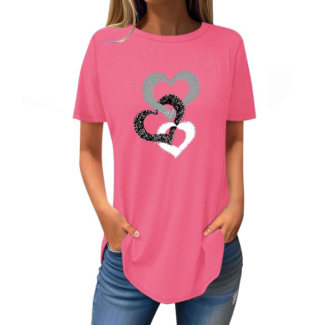 FAIWAD Tuniques à Manches Courtes pour Femmes, Col Rond, Blouses Amples, T-shirts Graphiques avec Cœur Mignon