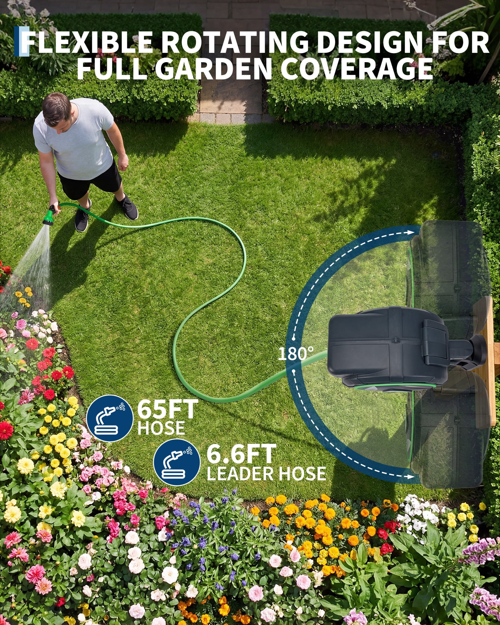 Retractable Garden Hose Reel - 1/2 in x 65 ft Automatic Wall Mount Heavy Duty Automatic Water Hose Reel, Kink-Resistant Hose, 180° Swivel Bracket, Auto-Lock for Lawn and Car Washing