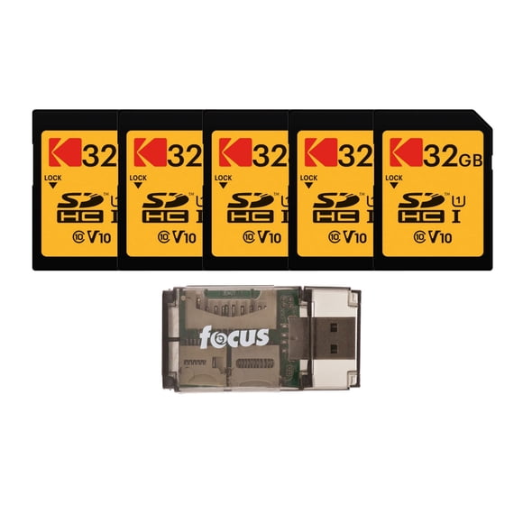 KODAK 32GB Class 10 UHS-I U1 SDHC Memory Card (5-Pack) with Focus All-in-One USB Card Reader Bundle (6 Items)