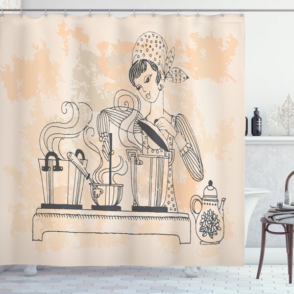 Vintage Woman Shower Curtain, Retro Style Housewife Cooking and Tasting Meal at the Kitchen Composition, Fabric Bathroom Set with Hooks, 69W X 75L Inches Long, Multicolor, by Ambesonne