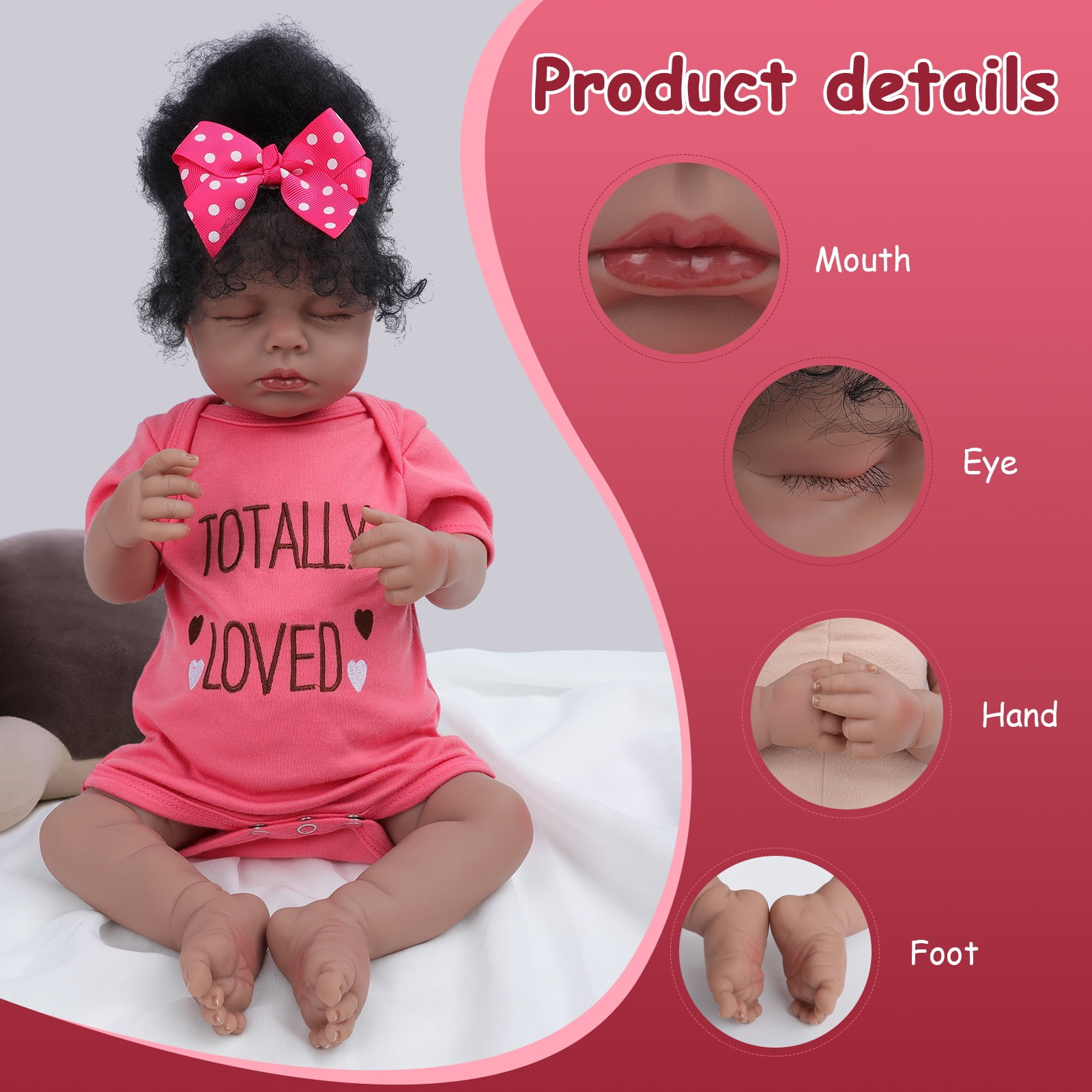 20 Inch Reborn Baby Doll Black Doll, Lifelike Baby Doll with Soft Cloth Body, Hand Rooted Curly Hair, Realistic African American Doll Toy for Kids Age 3+