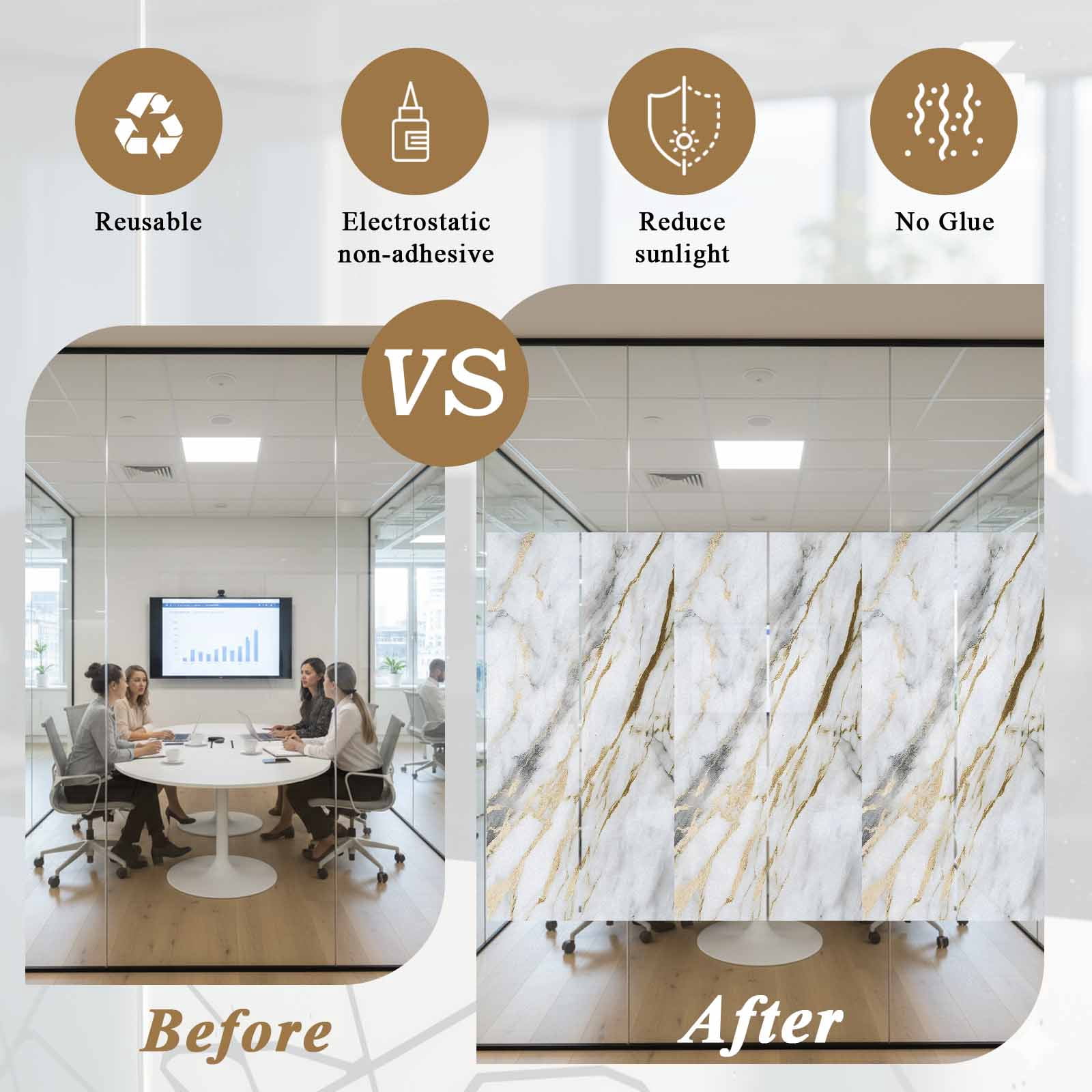 Marble White Gold Window Privacy Film, Modern Abstract Geometric Static Cling UV Sun Blocking Heat Control Window Tint Day and Night, Non-Adhesive Reusable One Way Windows Privacy Cover 23.6''x59''