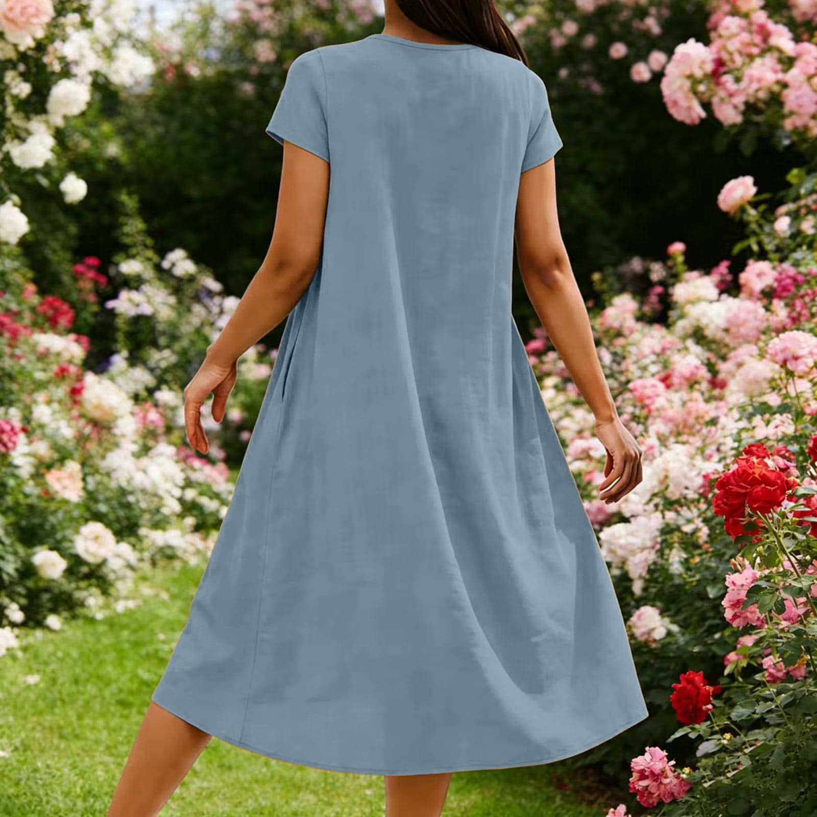 YFNNUP Short Sleeve Cotton Linen Maxi Dress for Women Round Neck Casual Summer Dresses Vintage Flowy Beach Vacation Sundress with Pockets
