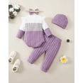 thumbnail image 4 of 12 Months Baby Girls Clothes 18 Months Girls 4PCS Fall Winter Outfits Set Infant Girls Long Sleeve Color-blocked Top Pants Set with Headband Hat Purple, 4 of 6