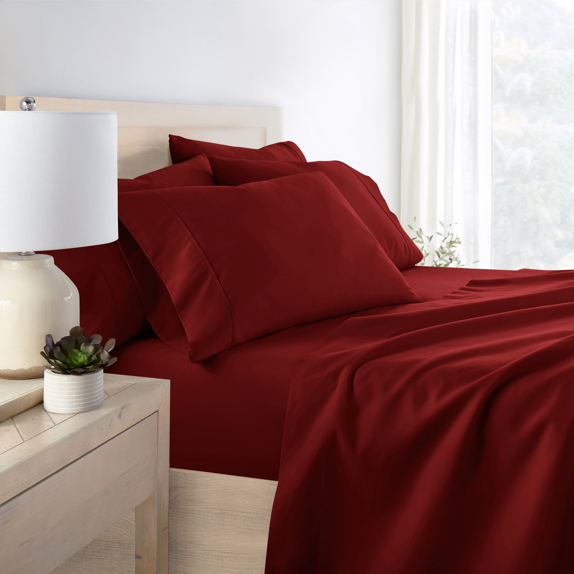 Queen, Burgundy Solid Microfiber 6 Piece Bed Sheet Set, by Noble Linens