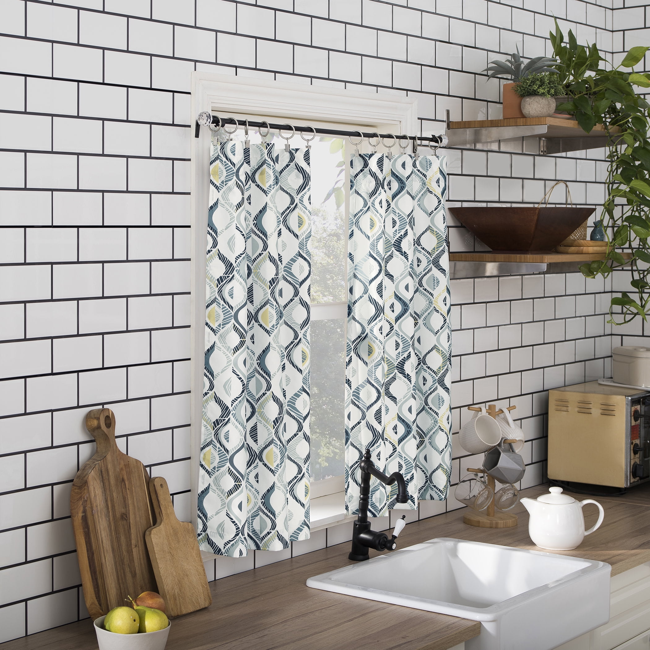 Mainstays 3-Piece Semi Sheer Rod Pocket Kitchen Window Tier Pair and Valance, 2 Café Curtains and 1 Curtain Valance, White Modern Ogee, 54"W x 36"L
