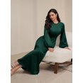 thumbnail image 6 of Dark Green Womens Solid Crew Neck Long Sleeve Pleat-Front Modest Maxi Dress, 6 of 8