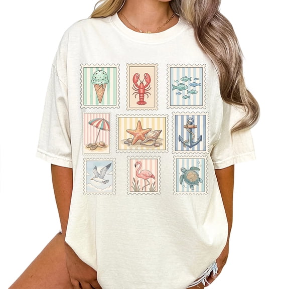 Coastal Beach Stamp Graphic Casual T-Shirt for Women