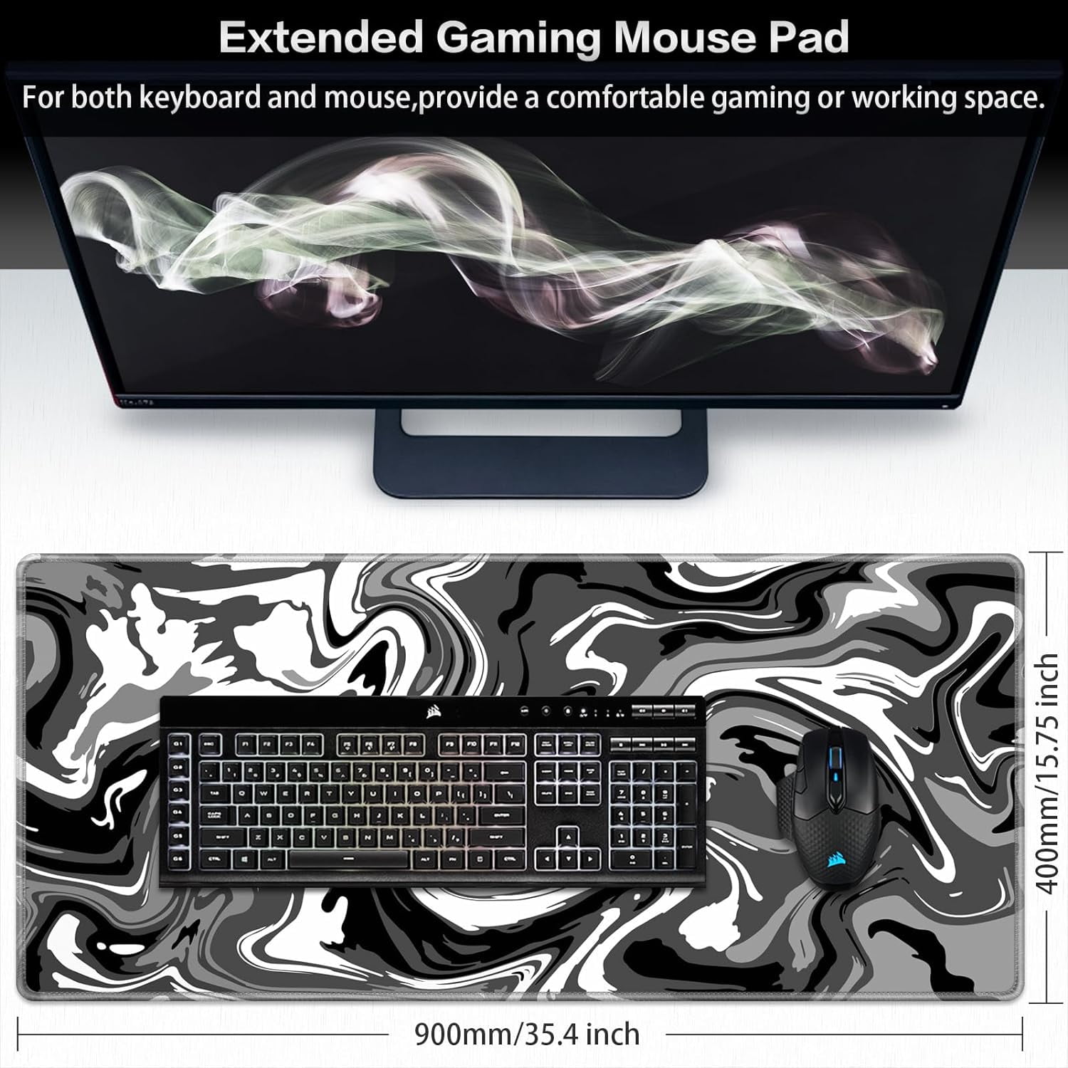 Gaming Mouse Pad, Fluid Pattern Mouse Pad 35.4x15.7inch Large Extended Computer Mouse Mat Keyboard Full Desk Mousepad for Gaming, Office, Home