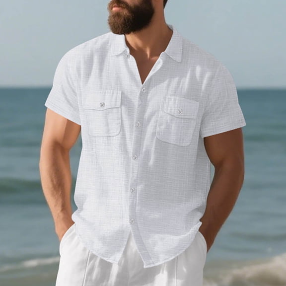 Blmnix Linen Shirts Men's T-Shirts Guide Fishing Shirts Undershirts Collared White Short Sleeve Sweatshirt for Mens,L