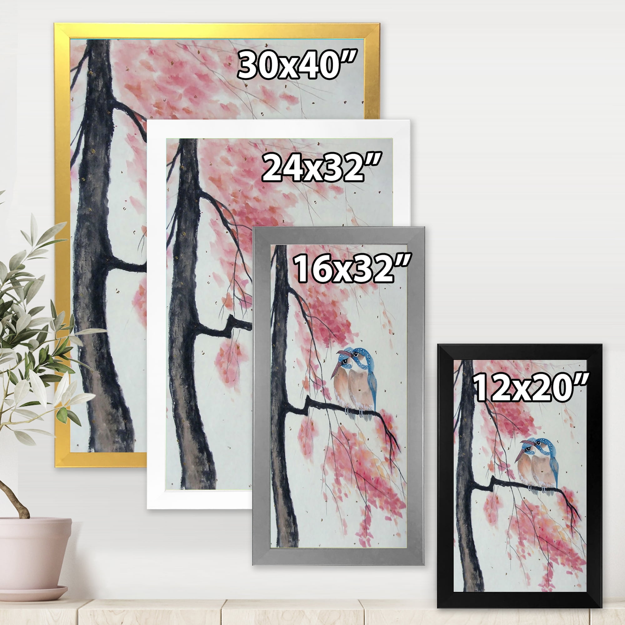 Two Blue Kingfisher Birds Sitting On A Flowering Branch 30 in x 40 in Framed Painting Canvas Art Print, by Designart