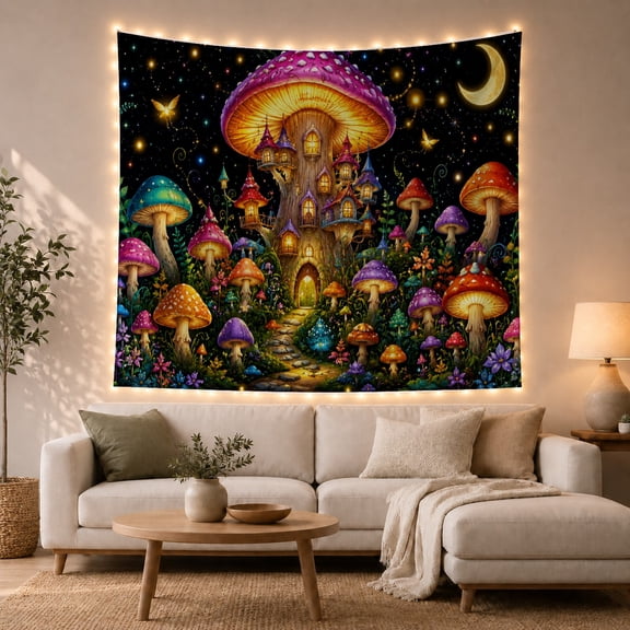 Mushroom Village Under Crescent Moon and Stars, Dreamy Fantasy Style for Mushroom Lovers, Magical Forest Decor, Housewarming Gift, Tapestry Wall Hanging for Bedroom and Dorm