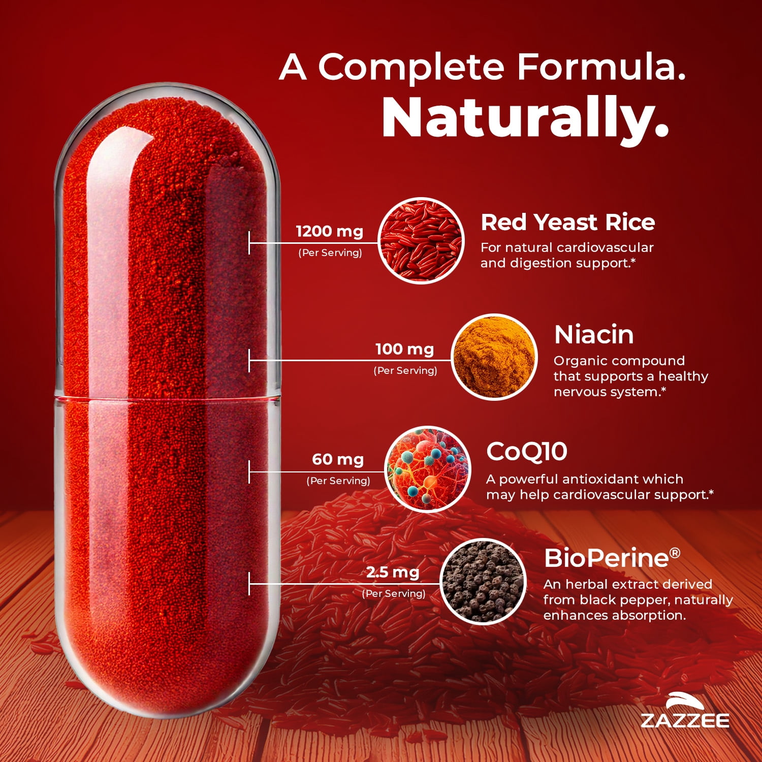 Zazzee Organic Red Yeast Rice 1200 mg – Supports Heart Health & Cholesterol – 20:1 Extract