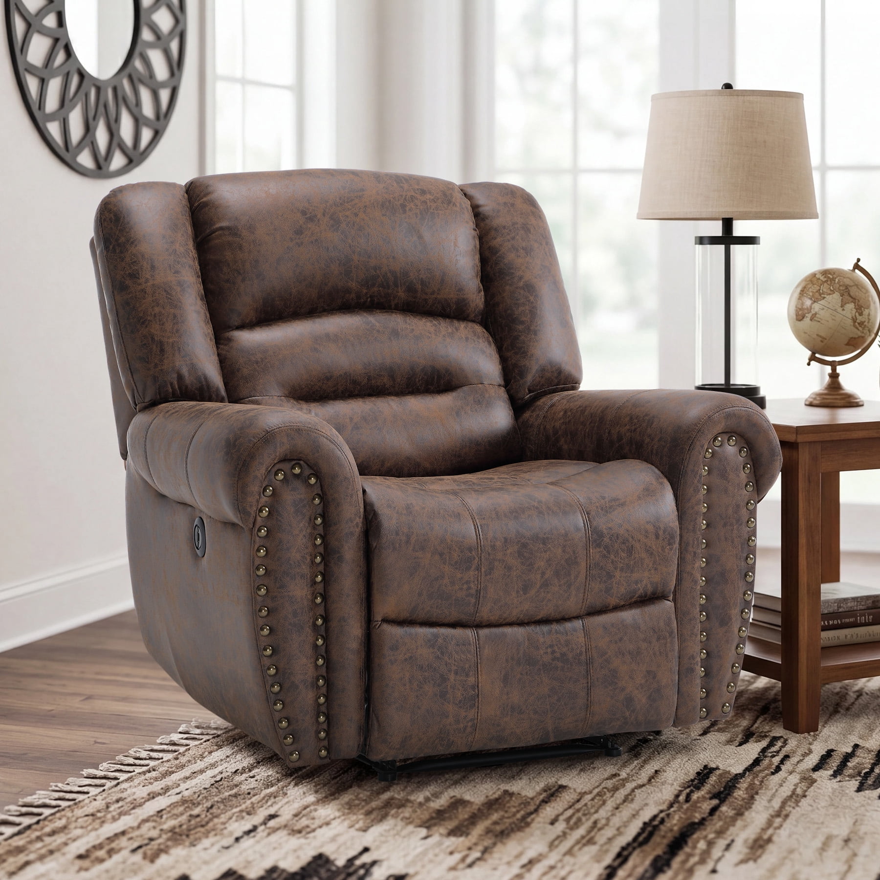Bonzy Home Electric Power Recliner Chair, Modern Reclining Chair with Rivet Trim & USB Port, Classic Single Sofa Home Theater Recliner Seating, Brown